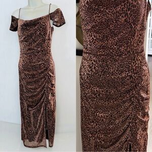 BCX Off-Shoulder Midi Dress Animal Print Metallic Brown Dress Side Slit Bodycon